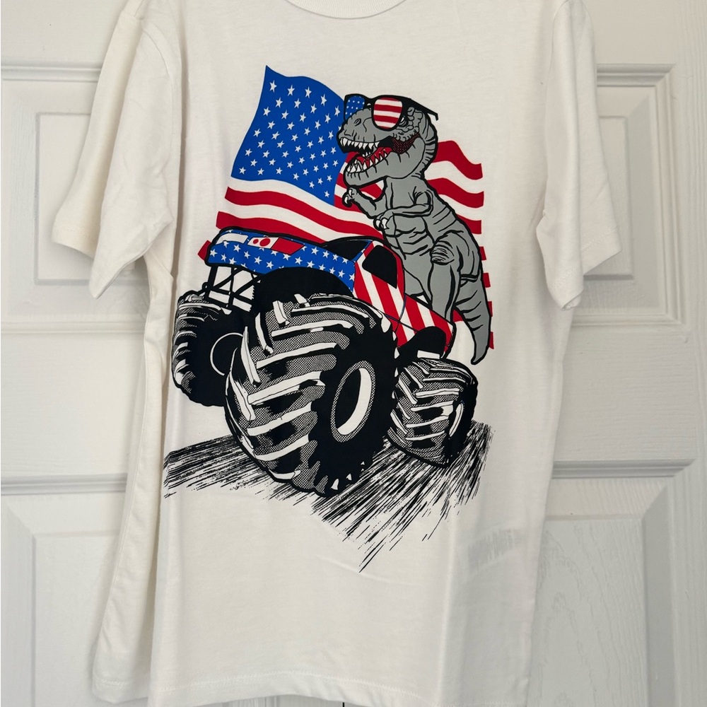 Place White T-Shirt with Dinosaur and Monster Truck